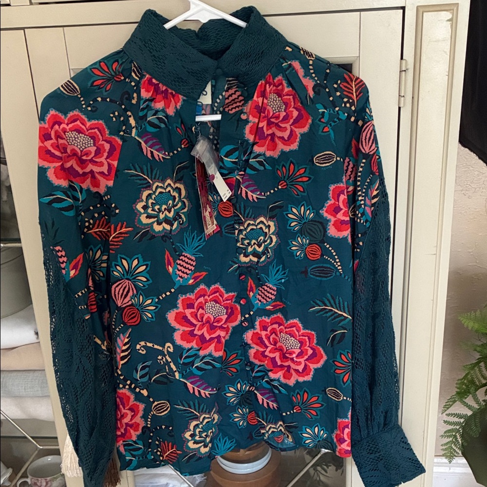 FARM Rio Teal Blouse with Pink Floral Print